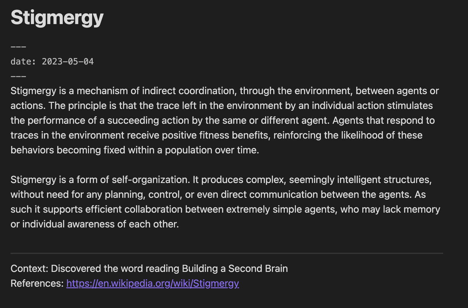 description of stigmergy used as an intermediate packet example