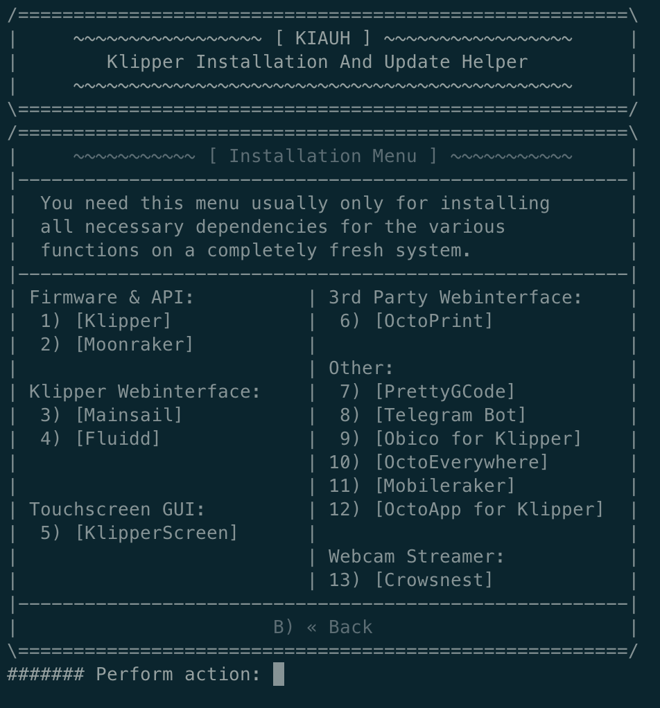 screenshot of KIAUH install menu
